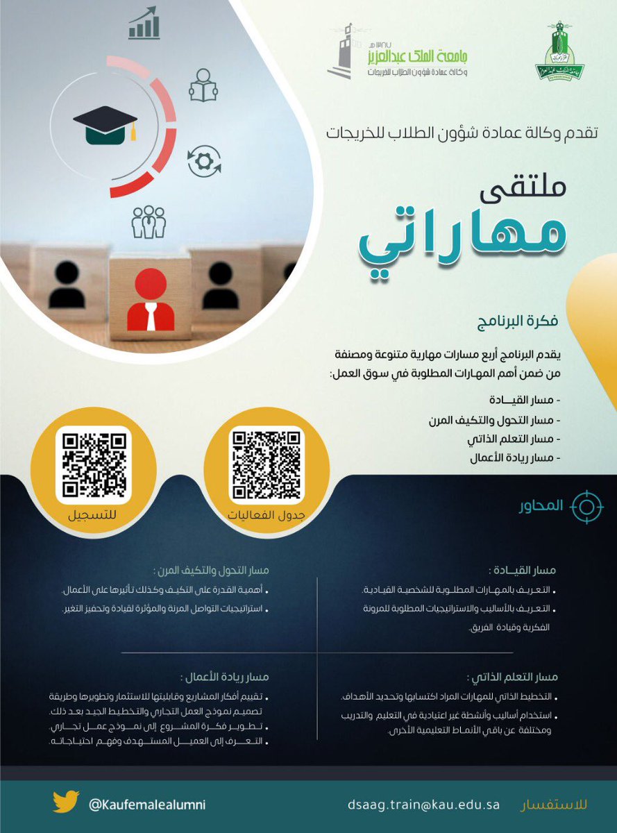 kaufemalealumni's tweet photo. تعلن وكالة عمادة شؤون الطلاب للخريجات عن اقامة ملتقى مهاراتي للخريجات الذي يقدم دورات متنوعة لاهم المهارات  المطلوبة في سوق العمل ابتداءا من يوم  الاحد  بتاريخ ٩/٤/١٤٤٣١ الى  يوم الخميس بتاريخ ٢٠/٤/١٤٤٣ 
للتسجيل الدخول ع الرابط: 
https://t.co/r4uCfmu63h https://t.co/LdH9Ip9hRx