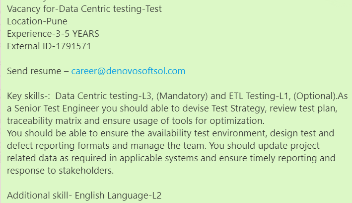 denovosoftsol's tweet photo. #denovojobs #denovo
Vacancy for-Data Centric testing-Test
Location-Pune
Experience-3-5 YEARS
External ID-1791571

Send resume – career@denovosoftsol.com

#DataCentrictesting #ETLTesting #seniortestengineer #dataintegration #Techjob #softwaredeveloper #developerjob #dataanalyst https://t.co/UKmDUIJg4I