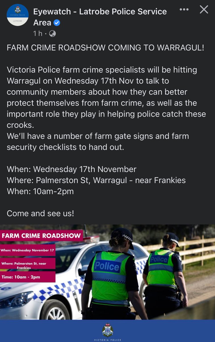 If your interested, Victoria Police will be in Warragul for the Farm Crime Roadshow, any farmers in the Gippsland region wanting to attend, please see the below.