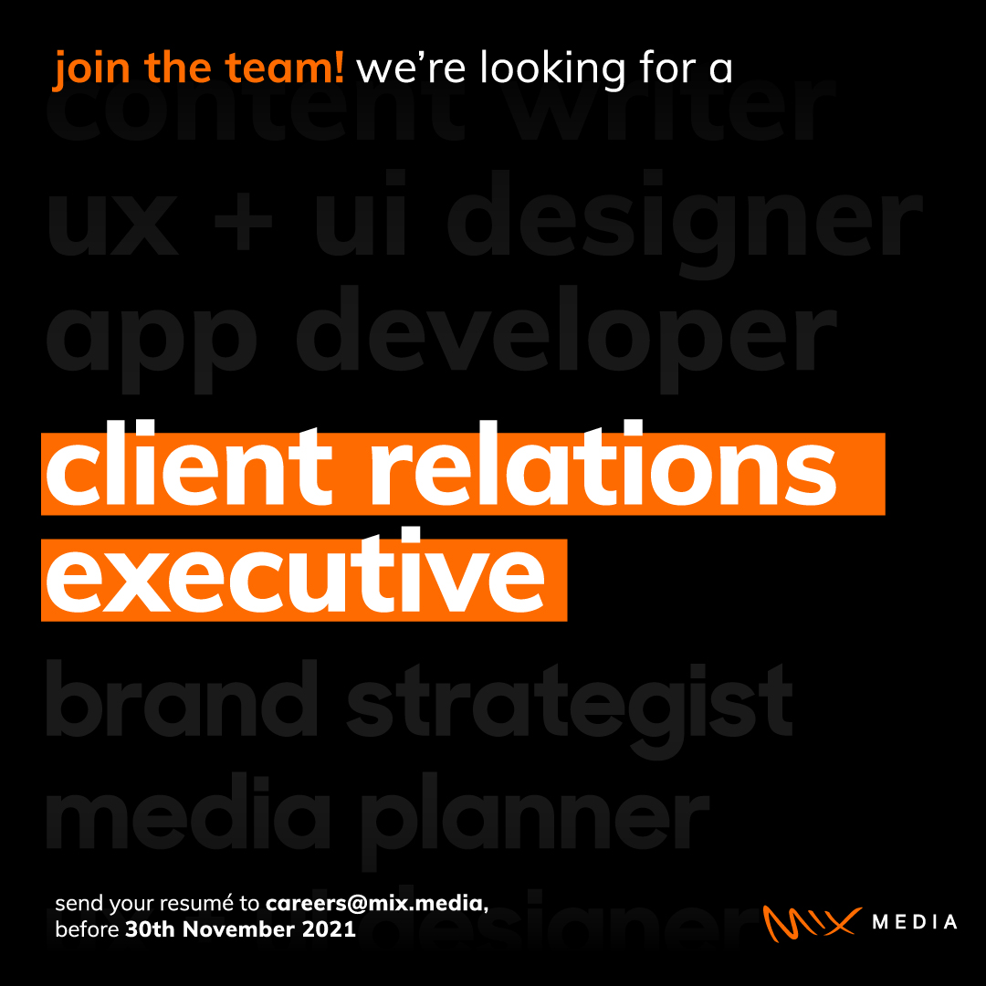 mixmediatweets's tweet photo. We are inviting you to join the #MixFits family! All interested applicants to send their resume and portfolio to careers@mix.media before  30th of November, 2021.

Only shortlisted candidates will be notified. We look forward to meeting you!

#MixMediaGroup #AgencyLife https://t.co/BnLTRsr7jB