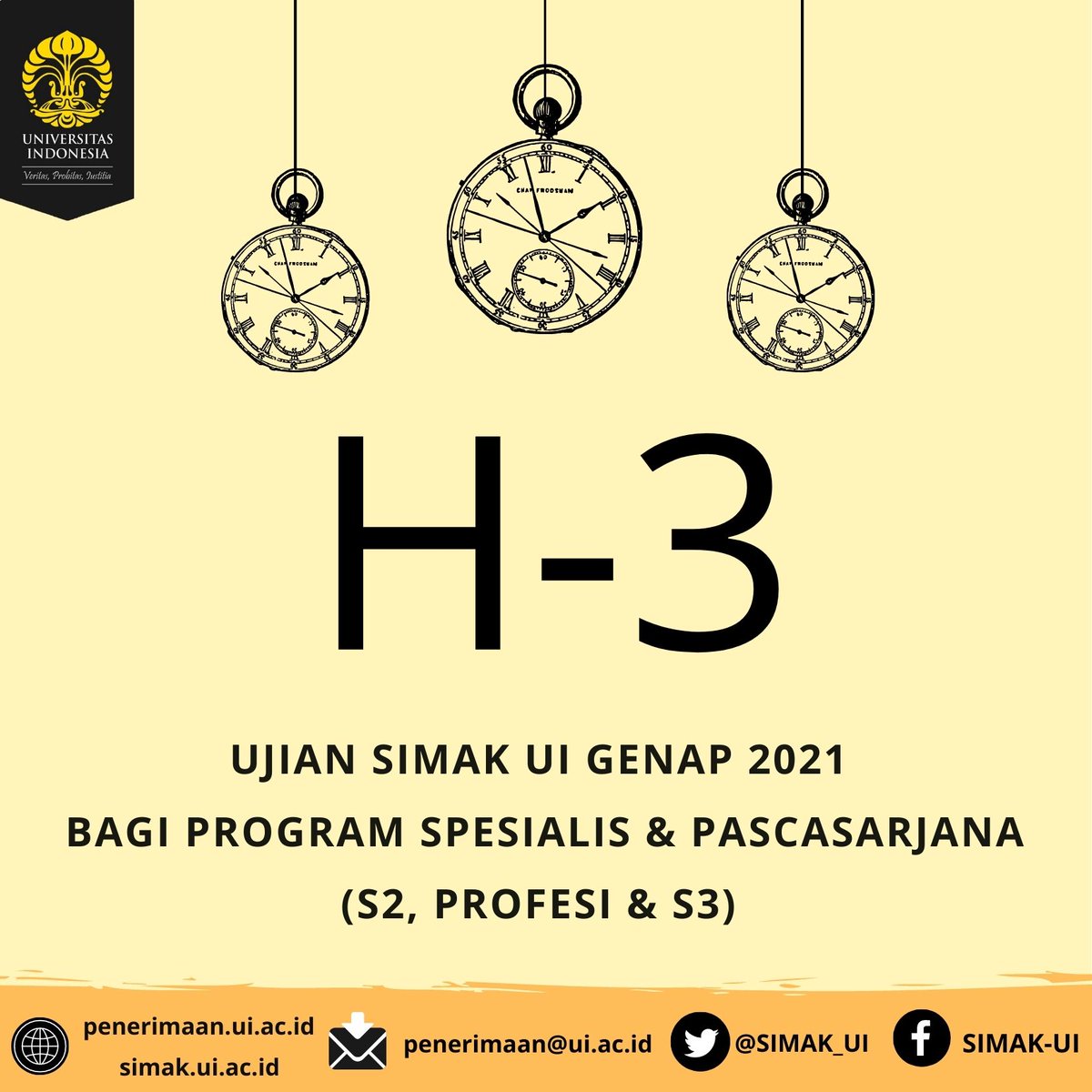 SIMAK_UI's tweet image. Halo #PejuangSIMAKUI
H-3 Pelaksanaan ujian SIMAK UI genap 2021 bagi program spesialis dan pascasarjana (S2, Profesi &amp;amp; S3).

Yuk, persiapkan dirimu! 💪

#UniversitasIndonesia
#SIMAKUI2021
#ppds
#pascasarjana