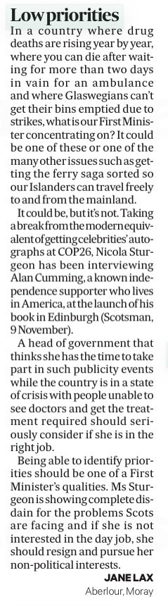 Janela_X's tweet photo. My letter in the Scotsman today. A real political leader of a country would not have the time to swam around being a celebrity chaser. #ResignSturgeon https://t.co/kwjVCmjCMS