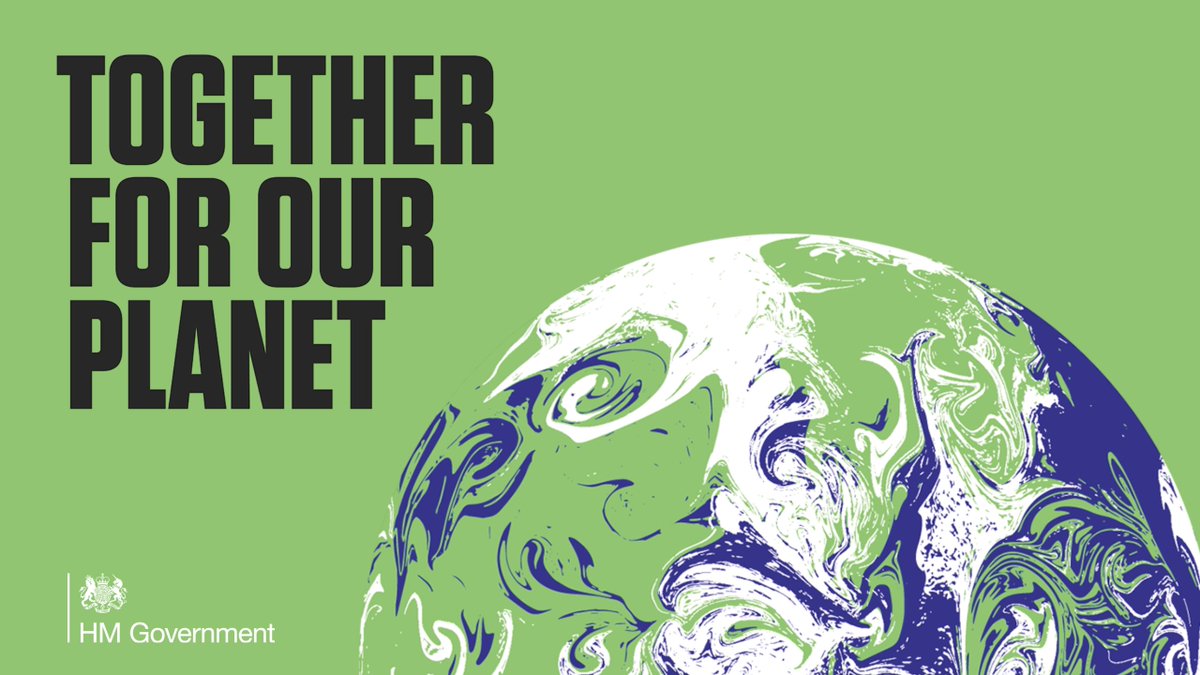 A green graphic with a swirling earth. The text reads Together For Our Planet