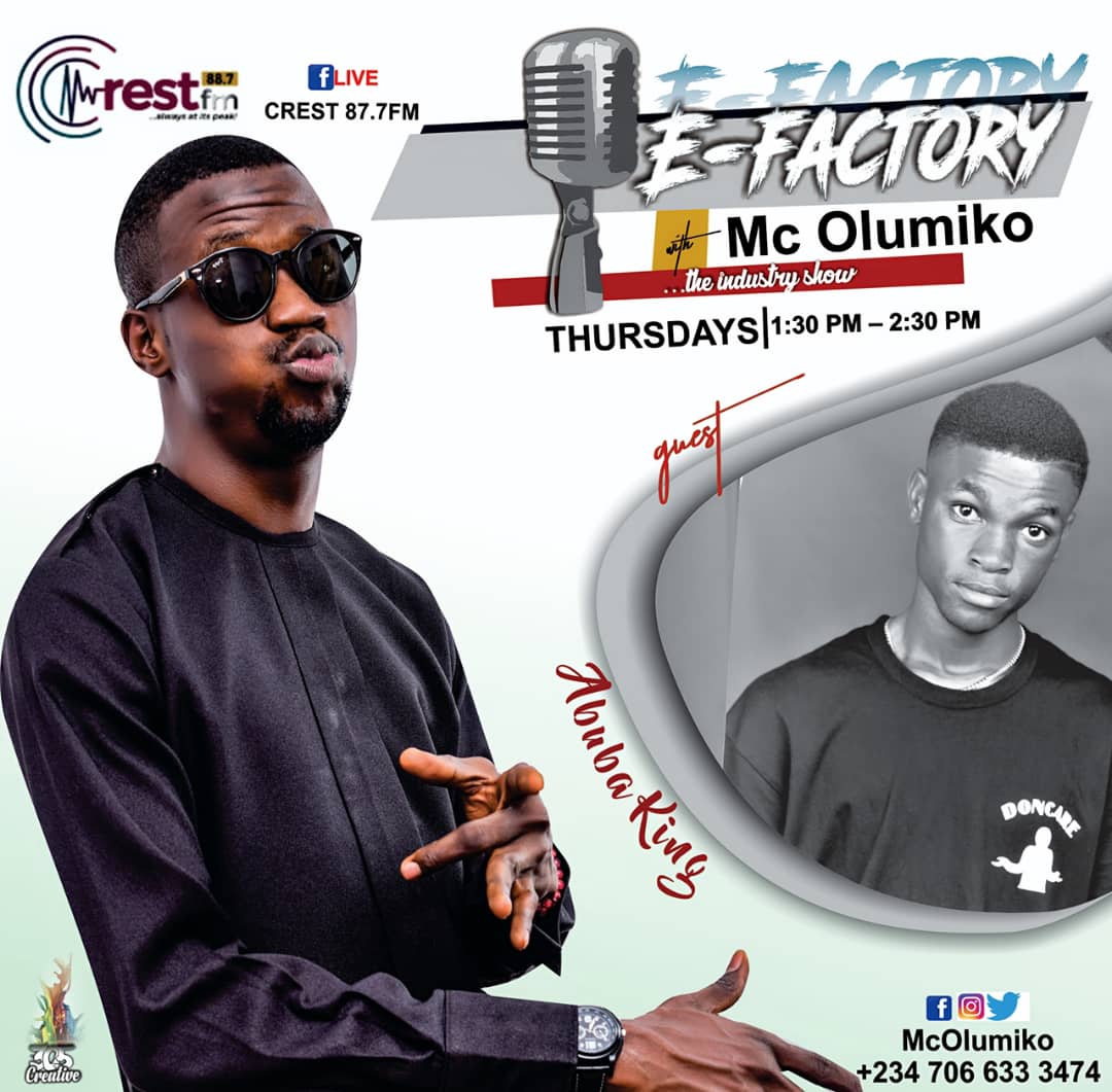 mcolumiko's tweet photo. Guys! Let's hear ABUBA KING today as he shares his sound experience on #EFACTORY the Industry Show with me @crest877fm.

#efactory #profile #abuba #crestfm https://t.co/PLpEptZEH2