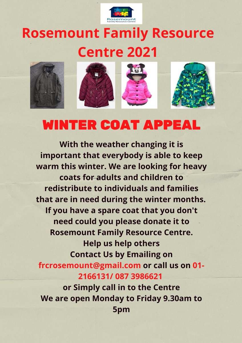 Cllr Peter O’Brien (@cllrobrien) on Twitter photo The fantastic <a href="/RosemountFRC/">Rosemount family Resource Centre</a> continue to do amazing work for our community.
They are running a ‘Winter Coat Appeal’ again this year. They are looking for child or adult coats so they can redistribute them to individuals and families this winter.
Details below👇 The fantastic <a href="/RosemountFRC/">Rosemount family Resource Centre</a> continue to do amazing work for our community.
They are running a ‘Winter Coat Appeal’ again this year. They are looking for child or adult coats so they can redistribute them to individuals and families this winter.
Details below👇