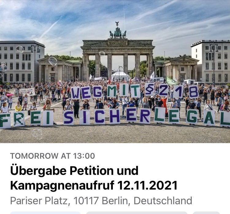 Morgen übergeben wir mehr als 85.000 Unterschriften für #wegmit218! 

Ich bin wirklich stolz 💪🏼💜…
Danke an <a href="/ProChoice_DE/">Bündnis für sexuelle Selbstbestimmung ♥</a>, <a href="/ChangeGER/">Change.org Deutschland</a> und alle anderen für die Unterstützung. Kommt vorbei und teilt die Veranstaltung!

fb.me/e/1K5xc8IqF