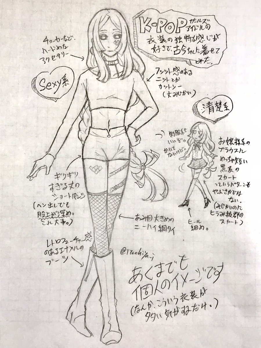 疲れ過ぎて古今ちゃんにK-POPアイドル風の服を着せないと気が済まない発作が出たので描きました。 