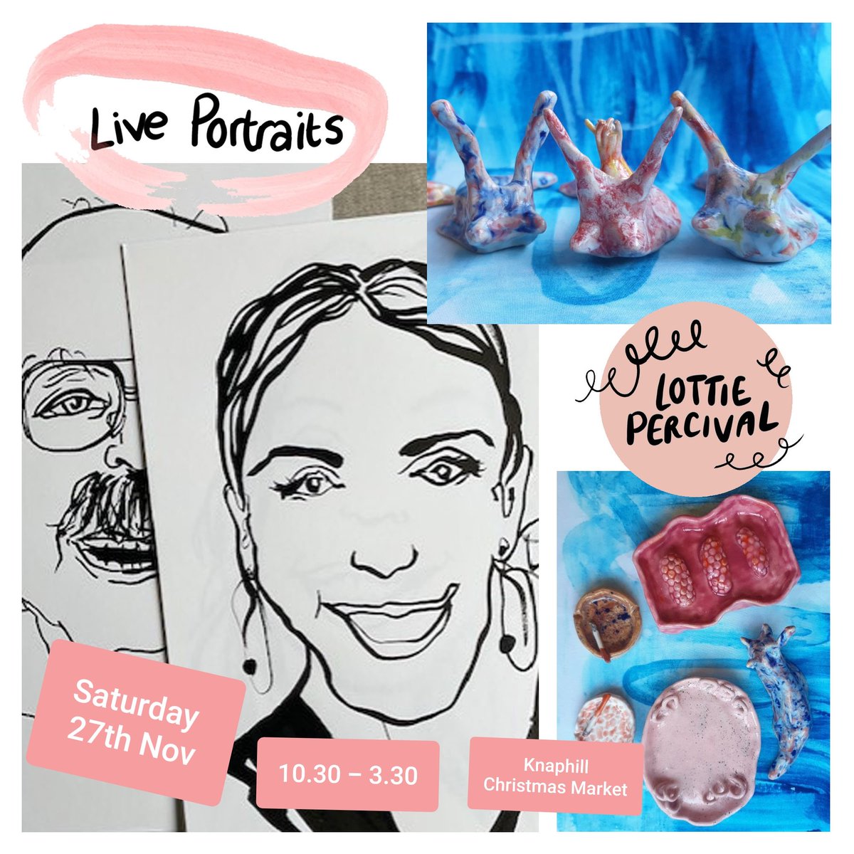 On Saturday 27th Nov I'll be offering #illustrative #live #portraits at #Knaphill #Christmas #Market 👩‍🎨 Along with lots of ceramics for your #christmas #shopping! 
#shopsmall #supportlocal #artist #ceramics #clay #pottery #drawing  #illustration #market #festive #surrey #woking