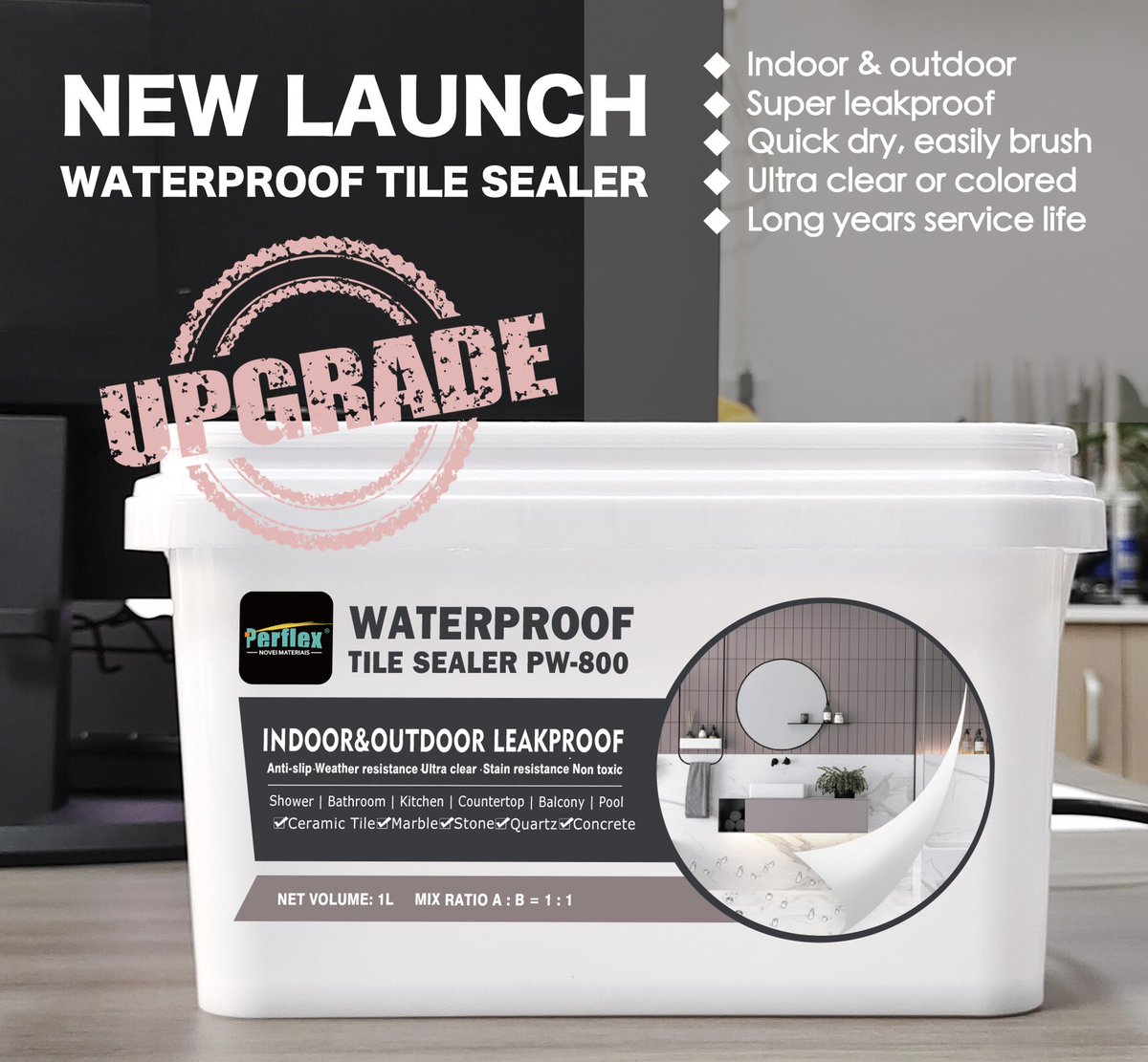 NEW LUANCH! UPGRADE INDOOR&amp;OUTDOOR FORMULATION! Worry about water damage/leakage? You don't have to anymore with Perflex's PW-800 Waterproof Tile Sealer. Durable waterproof layers, perfect for both indoor and outdoor use. Easily hand brush, works like a paint!