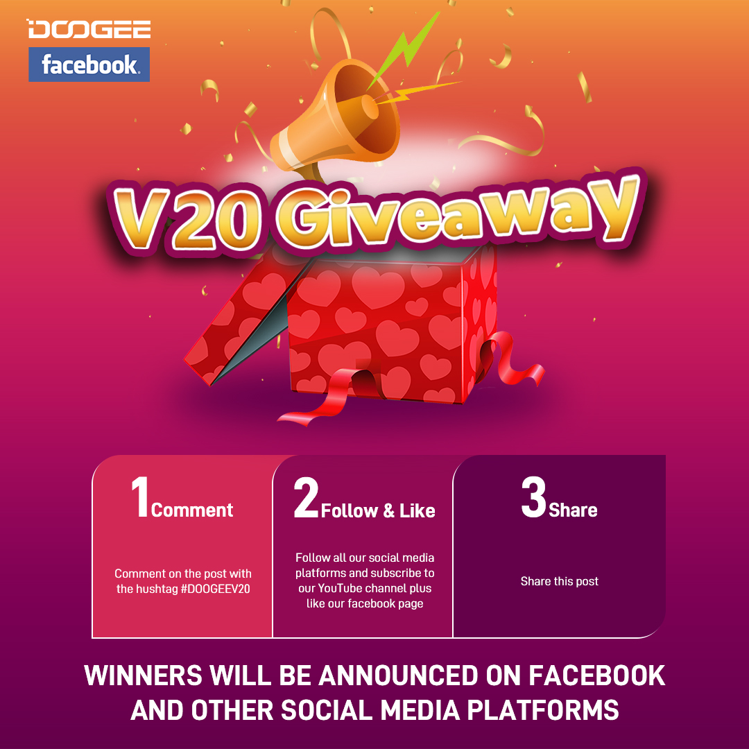 DOOGEE_official's tweet photo. You can't miss this Facebook #DoogeeV20 Giveaway. Just complete these steps to stand a chance of winning🙀 #Doogeev20.
⭐Comment on this post with the hashtag #DoogeeV20.
⭐Follow&amp;like all our social media platforms and subscribe to our Youtube channel.
⭐Share this post. https://t.co/om7K21B2QB