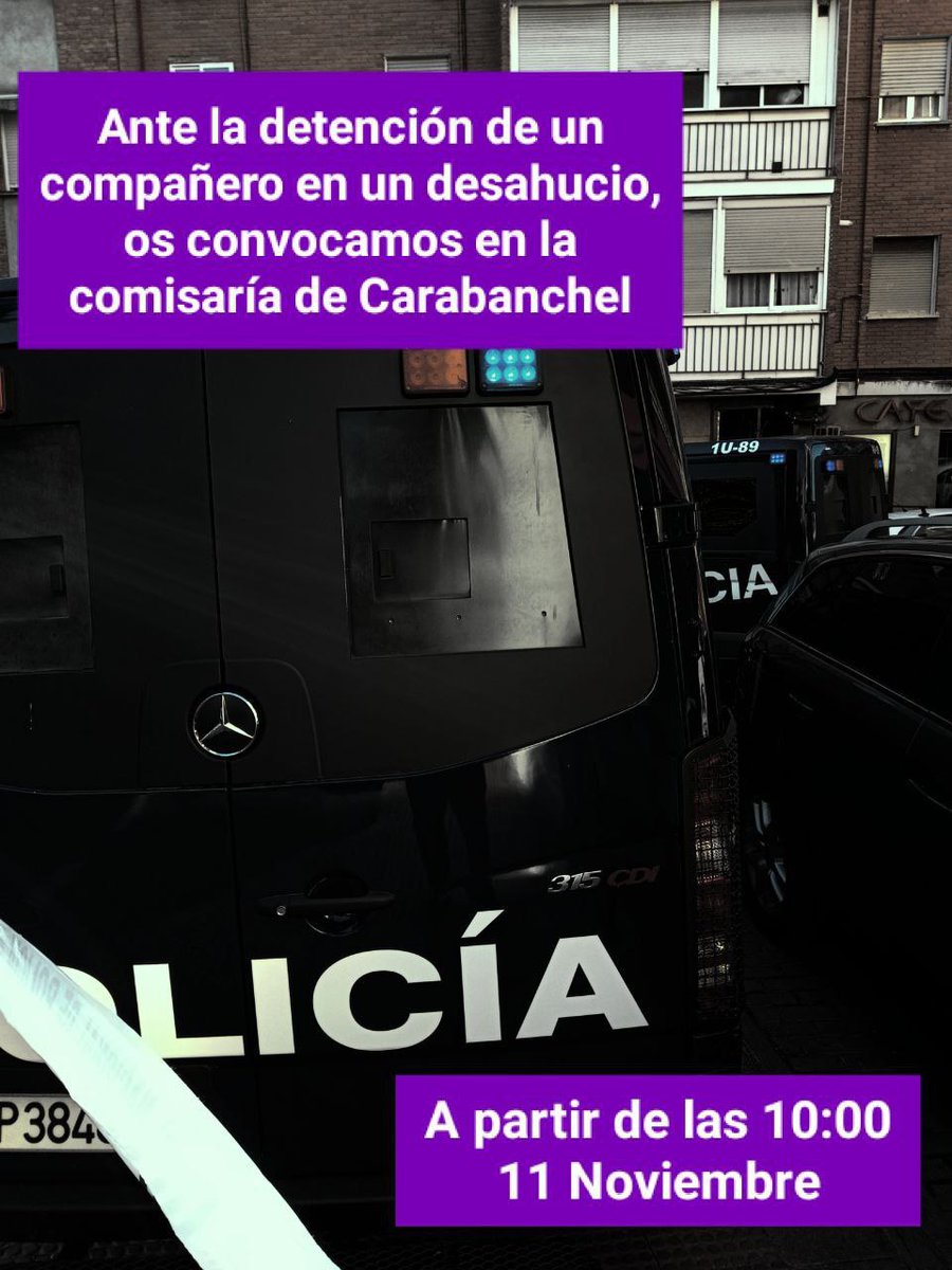 Ante la detención hoy de un compañero en el desahucio de #CristianSeQueda se esta convocando hoy a la gente en la comisaria de Carabanchel a partir de las 10:00h.