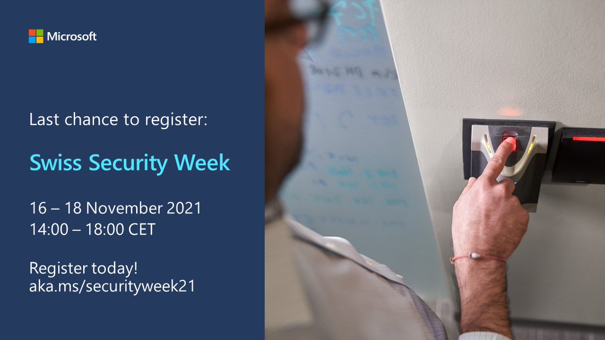 microsoft_ch's tweet photo. Last chance to register! Join us from 16 to 18 November 2021 for our first virtual Swiss Security Week to hear some of the industry’s leading voices speak on mitigating risks and strengthening your security posture. ➡️ https://t.co/tqyOLyUTIf
#MicrosoftCH #MSFTSecurityWeek https://t.co/pZe8AdSHOC