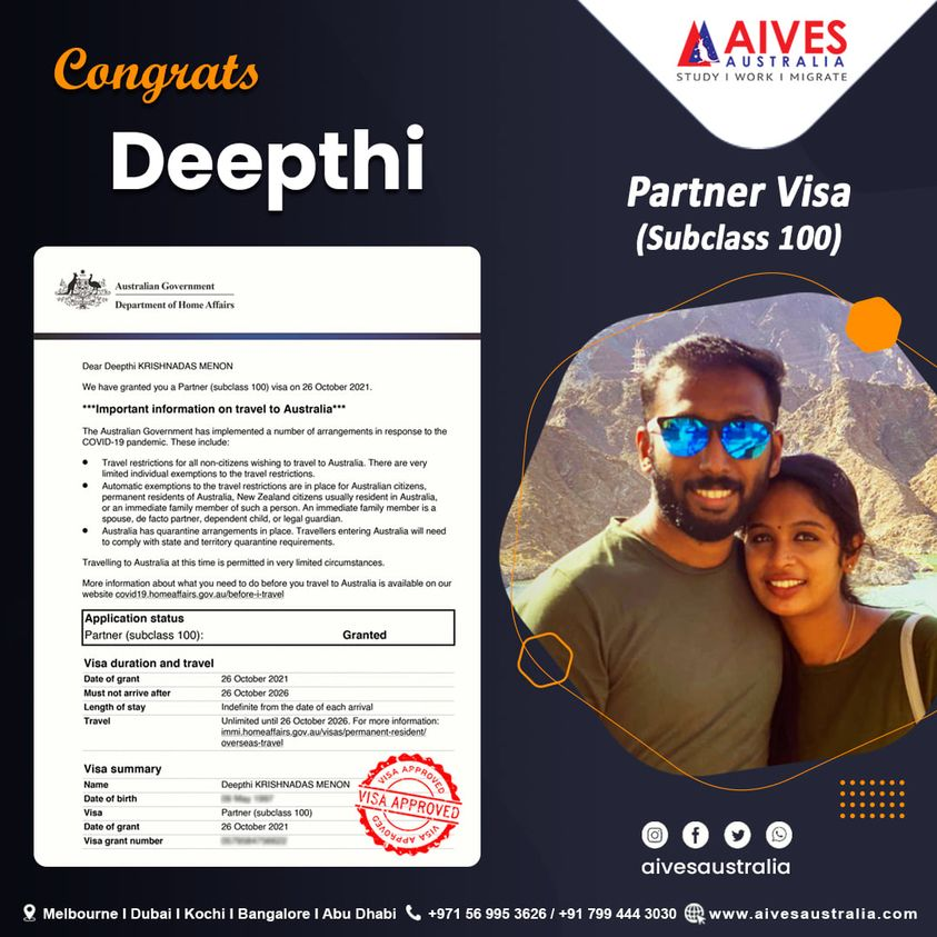 AivesAustralia's tweet image. Congrats Mrs. Deepthi. Your Partner Visa (#subclass100) has been granted by the Australian Govt. Aives Australia wishes you a hearty congratulations on this pleasant occasion. 
#aivesaustralia #australianvisa #Australiavisarefusal #AustraliaPR #australiaimmigration  #Dubai #kochi