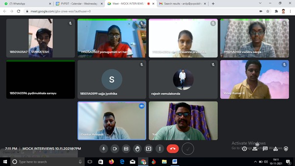 Pvpsit_CSE's tweet photo. Department of CSE, PVPSIT, organized Online Mock Interviews for IV/IV CSE students on 11th November 2021 by G J K N S AVINASH (14501A0534) PVPSIT ALUMNUS (2014-2018 Batch), Pursuing MS at St.Clair, Canada Ex Data Analyst at Capgemini. https://t.co/2eHoUDhGKF