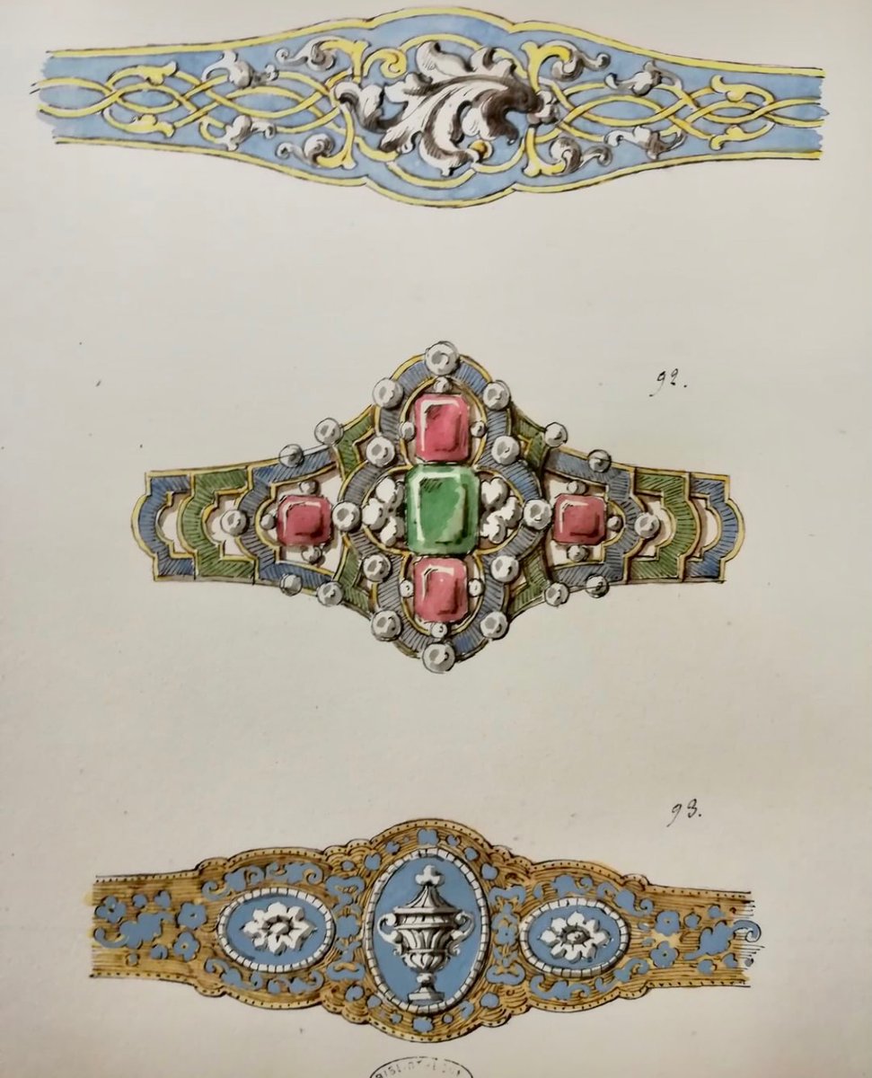 bibforney's tweet photo. Quelques maquettes de bijoux dessinés par Louis Eugène Crouzet (1782-1862) parmi les 16 volumes de modèles de ses bijoux, créés dans les années 1860, que nous conservons. https://t.co/3yUMr9WcJv