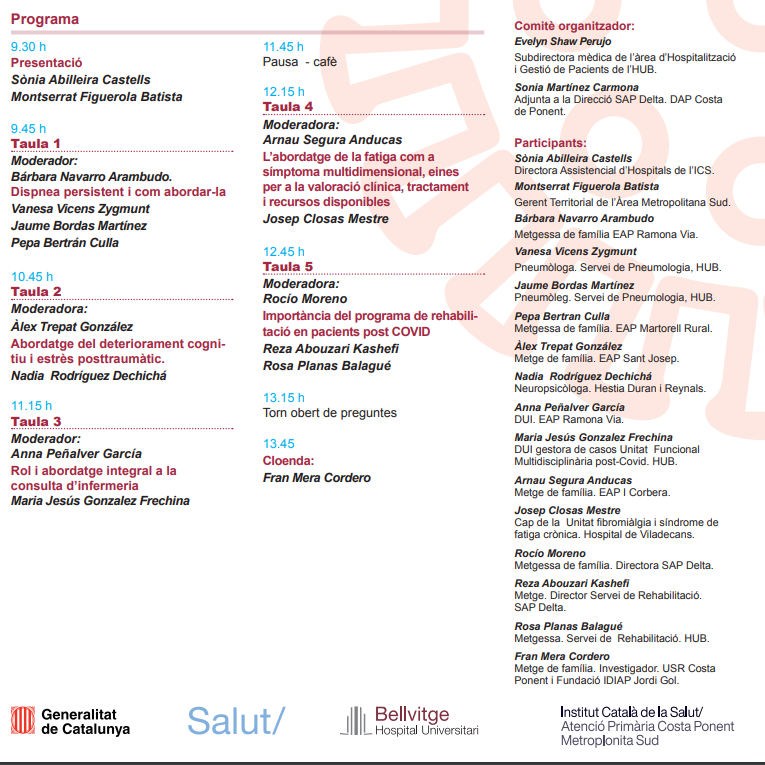 mera_cordero's tweet photo. I jornades del Aborgatge multidisciplinar de persones en simptomatologia de #covidpersistent organitza la #UFPC de  la #GerenciaMetropolitanaSUD  del @icscat 
Data: 25 novembre
Locc:  Sala d'actes @hbellvitge 
#dapcostaponent #bellvitge #hestia
@tv3cat  @La1_tve @metgescatalunya https://t.co/d02rL4CrMH