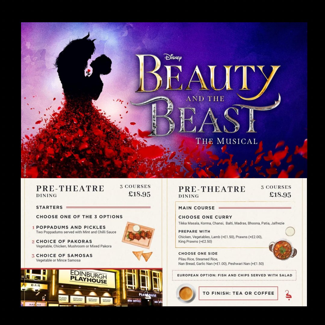 Going to see “Disney’s Beauty & The Beast” - The Musical at the Edinburgh Playhouse?  Why not join us for a mouth watering pre theatre meal first. Call 0131 557 5098 to book your table.
#edinburgh #IndianCuisine #pretheatredining #indianrestaurant #deliciousfood #edinburghfoodies
