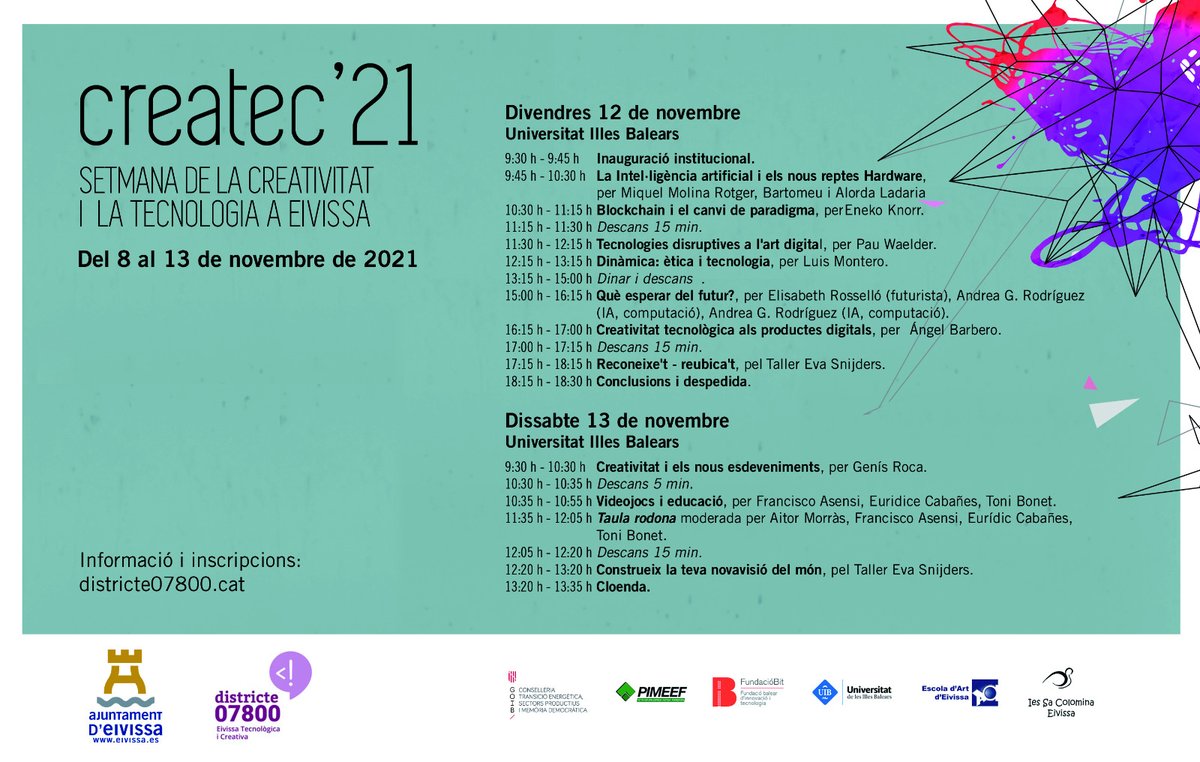 UIBuniversitat's tweet photo. La UIB participa en les jornades #Createc21 sobre tecnologia i creativitat a #Eivissa

🗓️ 12 i 13 de novembre 
📍 #SeuEivissaFormenteraUIB

🔗 https://t.co/xqWivnSL7U https://t.co/EPSfxIRdzJ