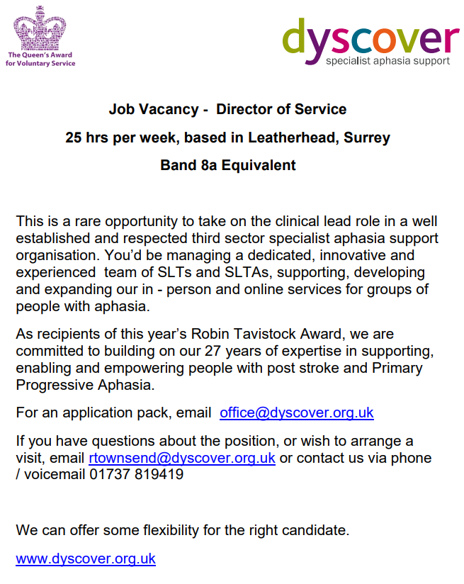 dyscoveraphasia's tweet photo. We have a really exciting job opportunity for a #clinical #SLT #leader who #specialises in #aphasia interested in the #charity sector. p/t working https://t.co/pAknknU60z https://t.co/wRIKiUqc6p