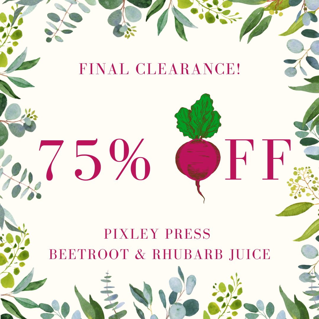 Oh wow 😍!!! Our short dated stock is now at our final clearance point.

Grab yourself a bargain with our Beetroot and Rhubarb Juice now 75% off!!!

pixleyberries.co.uk/product-page/b…

#finalclearance #shortdated #beetrootjuice #rhubarbjuice #workoutsmoothie #preworkoutnutrition
#natural