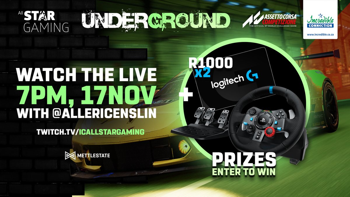Mettlestate's tweet photo. Hey All Star Gamers!🤩 Come up with a cool racing team name for you &amp; your friends, tag them, tag @IncConnection &amp; use #ACCUnderground &amp; you could WIN!🏎️🏁 Winner TBA during the stream next week! https://t.co/oSZGBES8co

@AllericEnslin #ICAllStarGaming #AllStarsUnderground https://t.co/bEQUTfVeps
