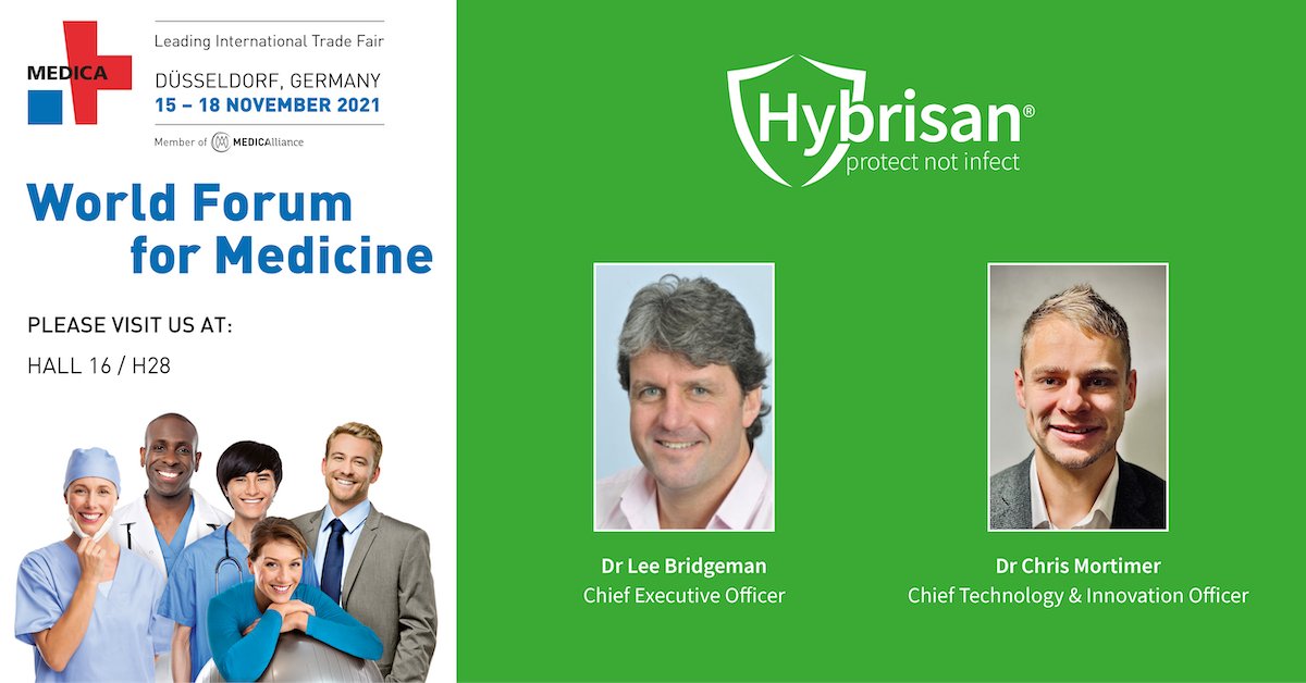 Dr Chris Mortimer and Dr Lee Bridgeman will be representing the Hybrisan team next week at the <a href="/MEDICATradeFair/">MEDICA</a> in Dusseldorf!

We are delighted to be introducing our latest technology, WoundSan: hybrisan.com

Make an appointment: 
calendly.com/hybrisan/medica
#MEDICA2021