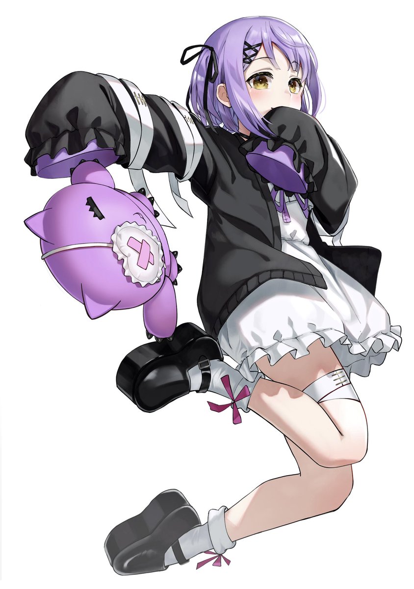 1girl purple hair dress stuffed toy sleeves past wrists white background sleeves past fingers  illustration images