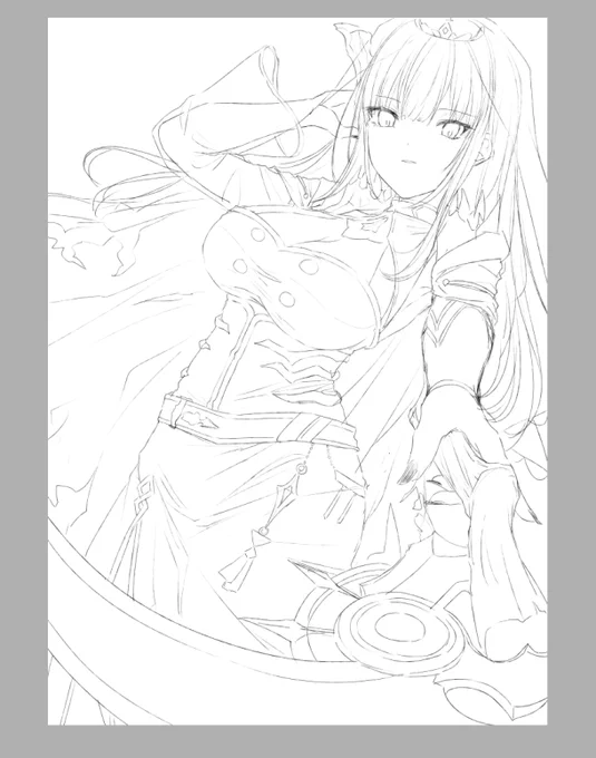 前に描いた大ラフ整えた
線画描き始めるかグリザイユするか悩む 