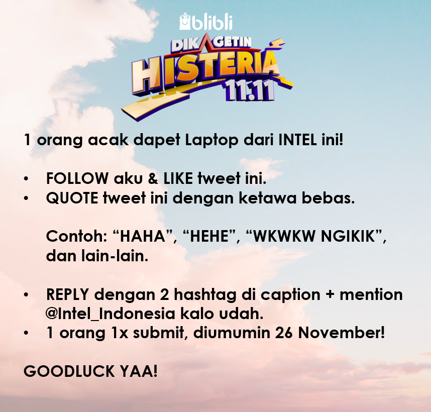 bliblidotcom's tweet photo. 🔥 Mau LAPTOP ACER gratisss? 🔥

Cek caranya, nih hashtagnya: #DikagetinHisteria1111 #DoSomethingWonderful + @Intel_Indonesia

Semoga rejeki yah! GOO 🏁 https://t.co/rczuoBAVQr