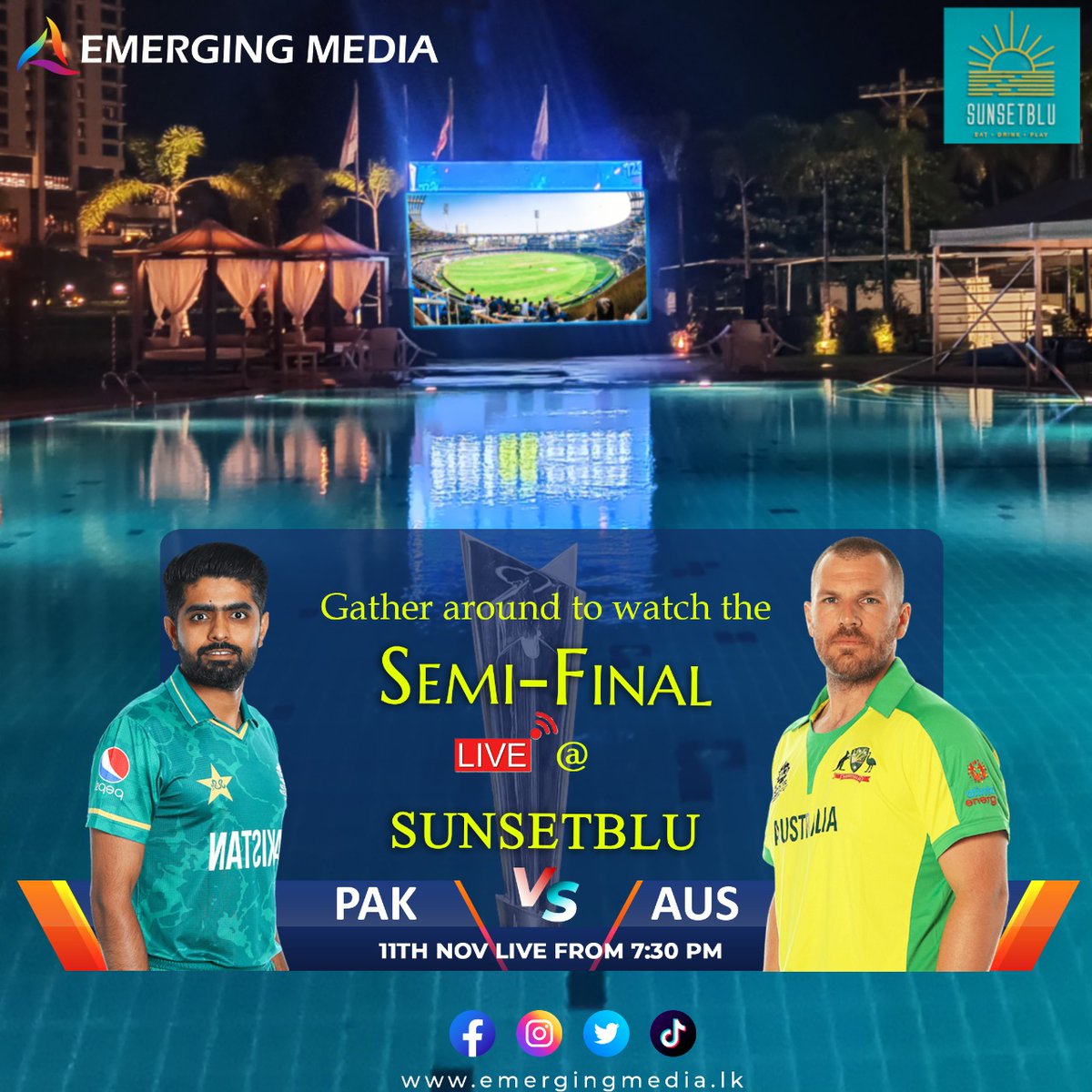 Who's going to face #BlackCaps in the #T20WorldCup Final! Let's find out soon at Sunsetblu  Few hours left for this thriller of a match where #TeamPakistan facing #TeamAustralia in the 2nd Semi-Final. 🏏
#EmergingMedialk #CricketTogether #LiveTheGame #live #colombo #SriLanka