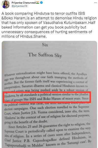 TimesNow's tweet photo. 'Half baked information can get you book publicity but unnecessary consequences of hurting sentiments of millions of Hindus. Shame', Shiv Sena's #PriyankaChaturvedi hits out at Congress' #SalmanKhurshid over a chapter in his new book that sparked controversy. https://t.co/gKPKb3oNvR