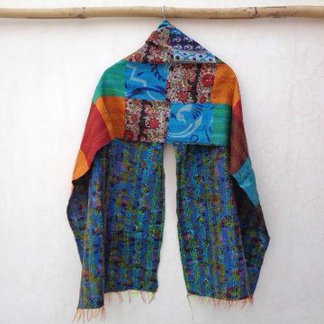 Silk Kantha Scarf Head Wrap Stole Dupatta Stitched patchwork Scarf veil Boho KP84