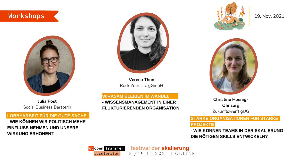 openTransfer's tweet photo. 2 Tage bis #FestivalDerSkalierung! Bock auf #Praxis? Dann ab in die Wirkstatt! Mit: @franchiseanwalt, @Jaana_Rasmus, @sarah_civilian (aqtivator gGmbH), Verena Thun (@RYL_Mentoring), @post4julia &amp; Christine Hoenig-Ohnsorg (Zukunftswerft). Tickets➡️ https://t.co/R3ROr59X5R https://t.co/cqETbqHJFb