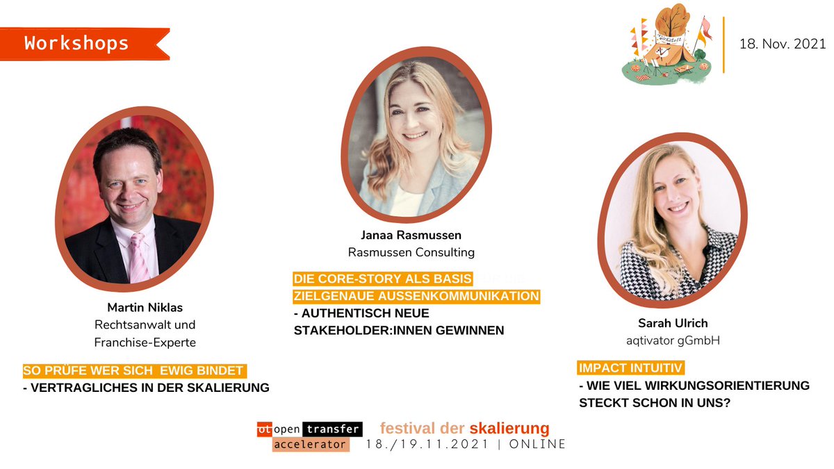 openTransfer's tweet photo. 2 Tage bis #FestivalDerSkalierung! Bock auf #Praxis? Dann ab in die Wirkstatt! Mit: @franchiseanwalt, @Jaana_Rasmus, @sarah_civilian (aqtivator gGmbH), Verena Thun (@RYL_Mentoring), @post4julia &amp; Christine Hoenig-Ohnsorg (Zukunftswerft). Tickets➡️ https://t.co/R3ROr59X5R https://t.co/cqETbqHJFb