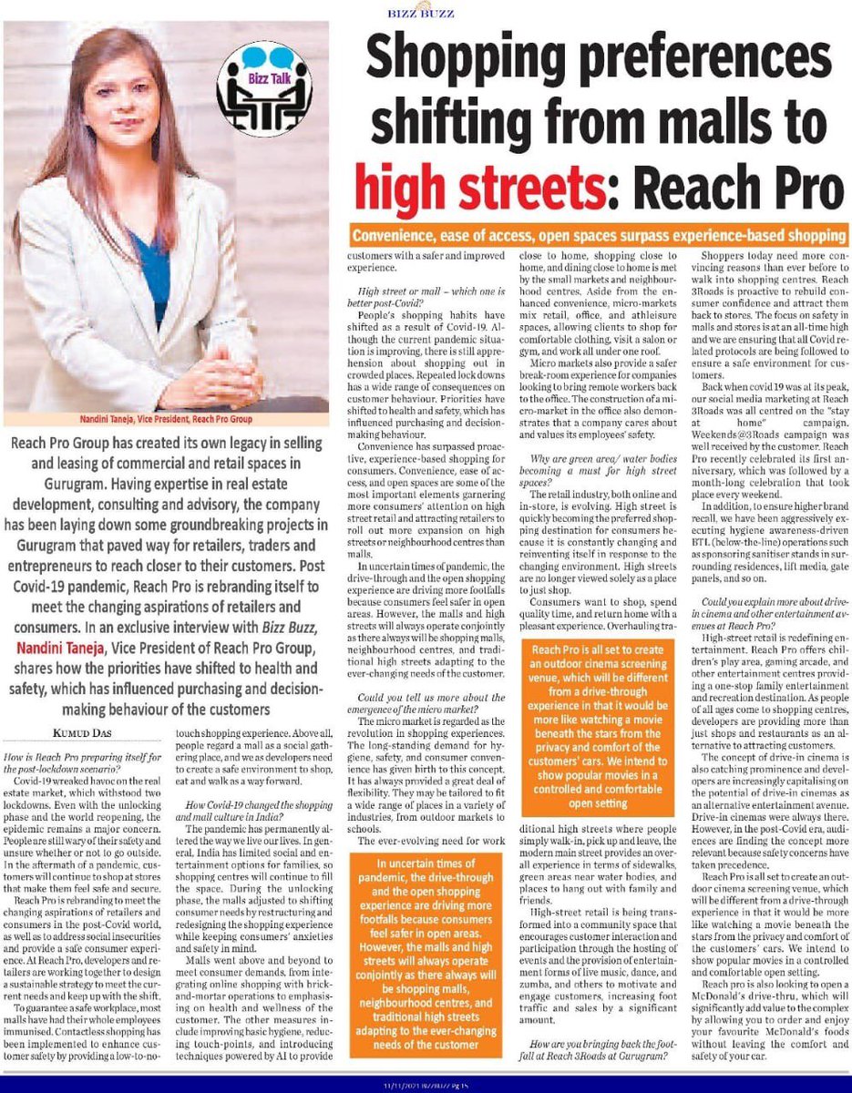 Reachprogroup's tweet image. In an interview with Bizz Buzz, Nandini Taneja, shares how the priorities have shifted to health and safety, which has influenced purchasing and decision making behaviour of the customers.

#reachprogroup
#indianrealestatedevelopers 
#haryanadevelopment 
#retail