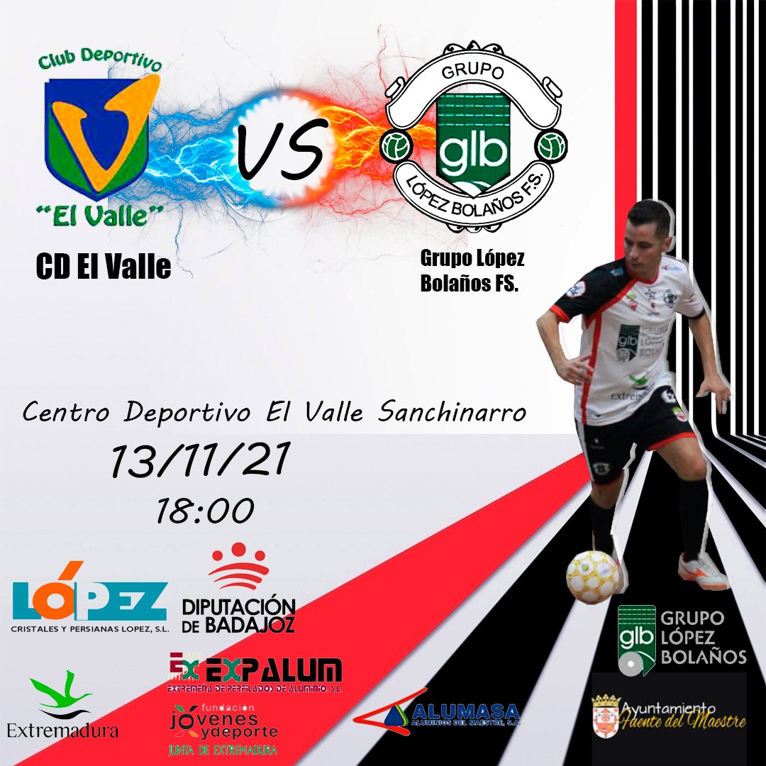Segunda División Nacional B
Grupo 4
Jornada 9

⚔️ <a href="/CDEElValle/">C.D.E. El Valle</a> VS <a href="/grupolopez14/">GrupoLopezBolañosFS</a>

📆 Sábado 13 de noviembre
🕕18:00
🏟️ Centro Deportivo El Valle Sanchinarro

#123👼🏻💫2🤍🖤❤️