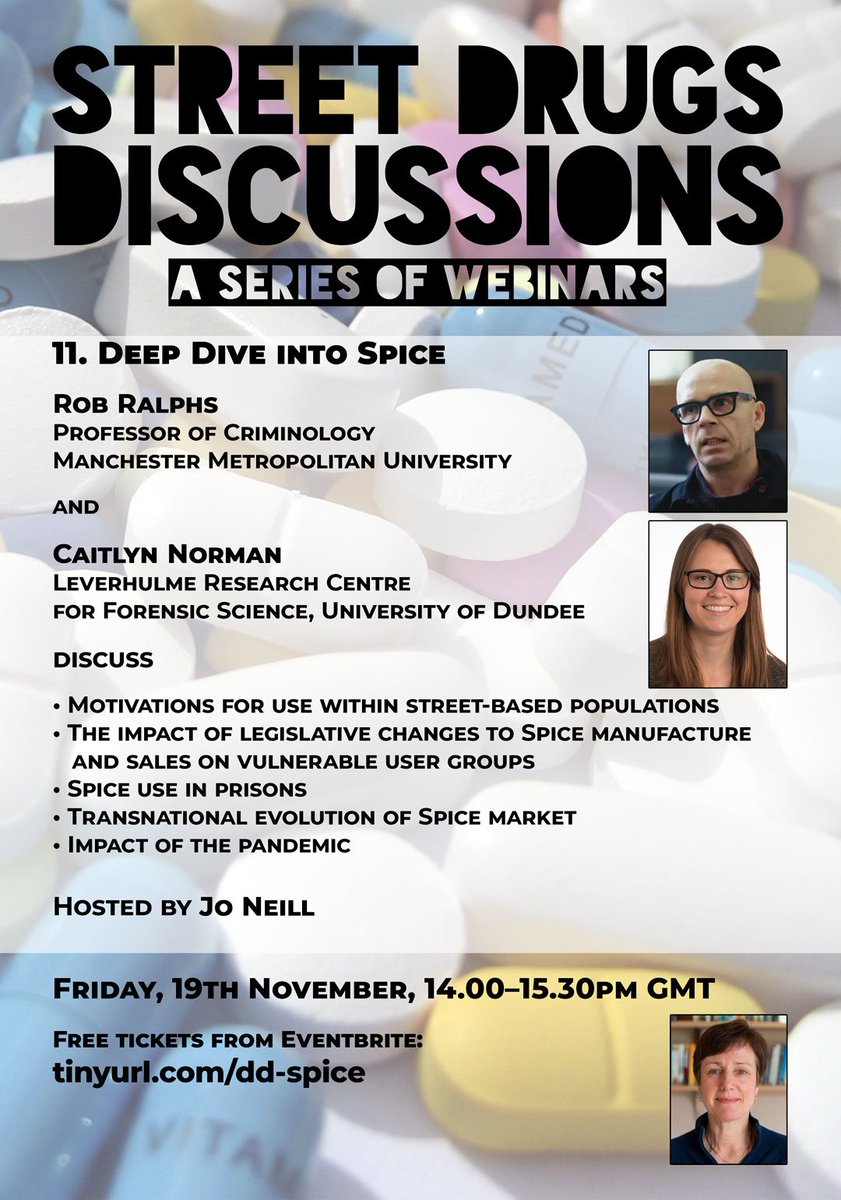 New #StreetDrugsDiscussions: Deep Dive Into Spice

Expert led discussion from: Prof. Rob Ralphs  &amp; Caitlyn Norman. Hosted by Prof. Jo Neill

Friday November 19th 2pm. Register FREE at: tinyurl.com/dd-spice

#harmreduction #drugpolicy #drugs #spice #drugresearch #criminology