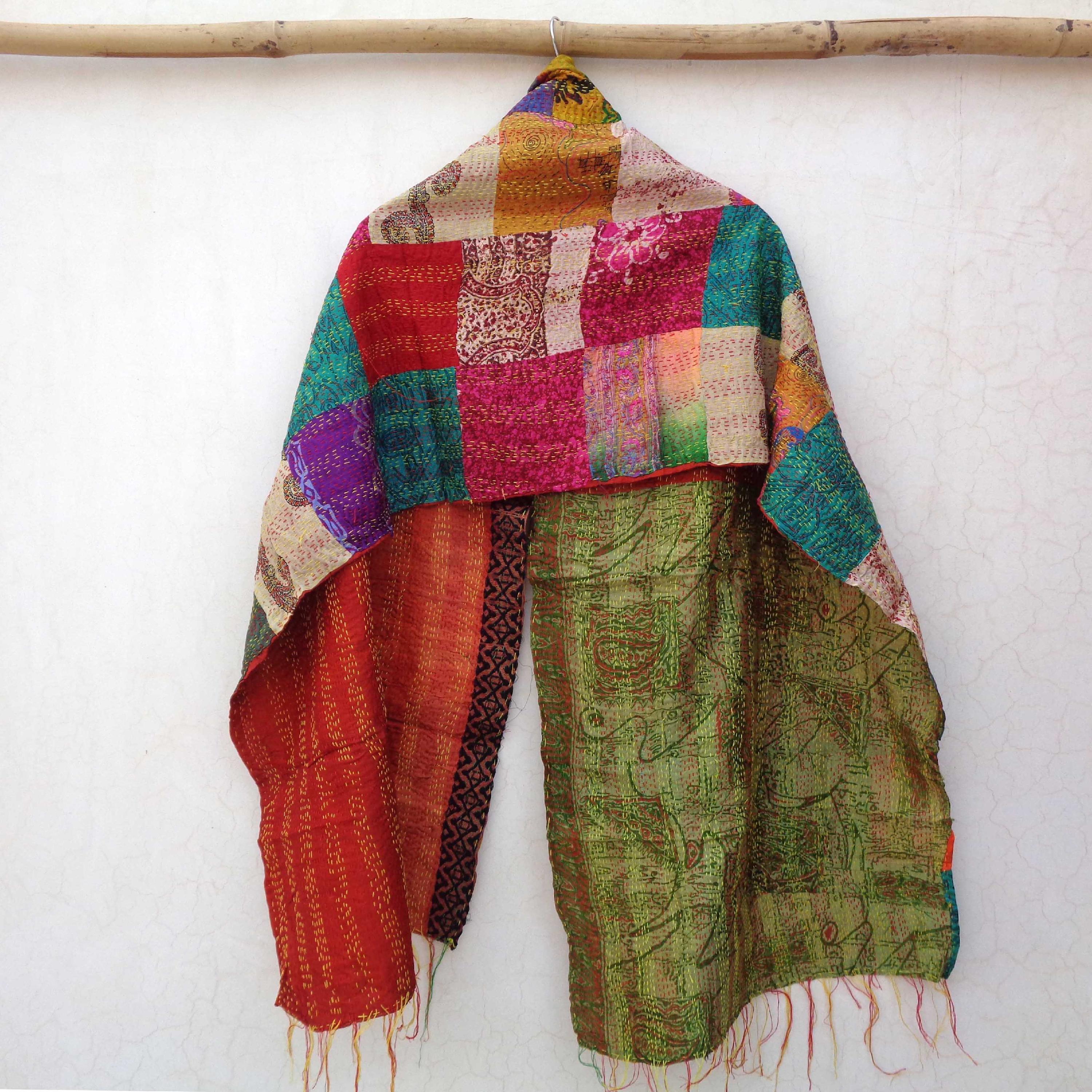 Handmade patch work Silk Kantha Scarf Neck Wrap Stole veil Hand Quilted Women Shawl Stitched KP88