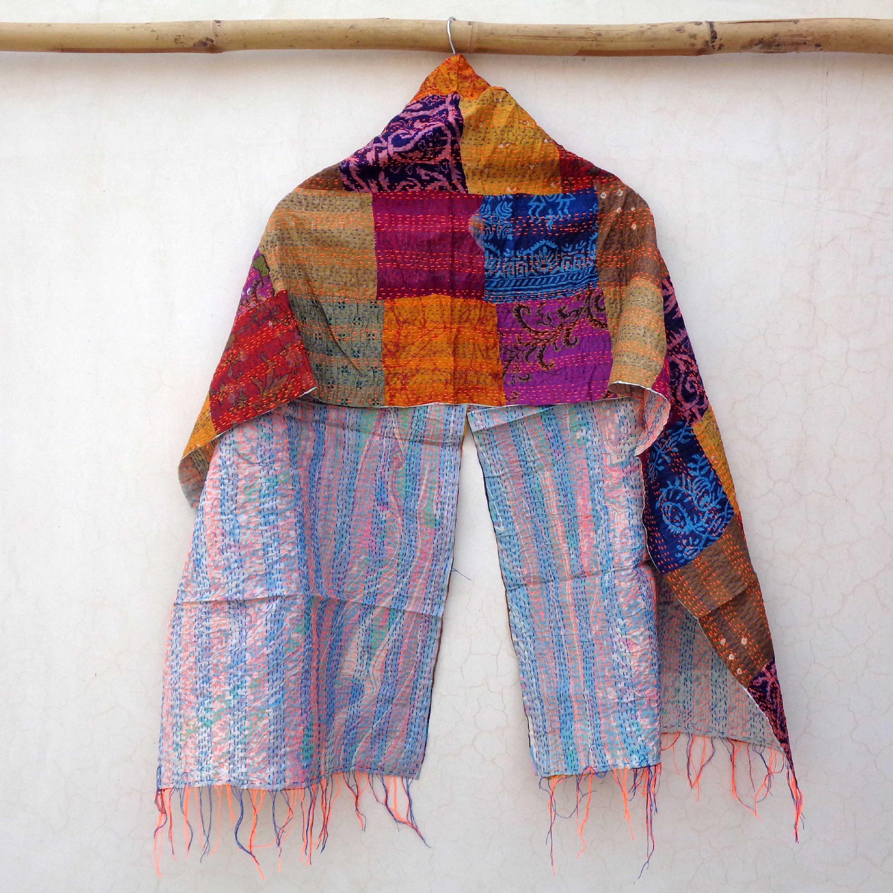 Handmade patchwork Silk Kantha Scarf Head Wrap Stole Dupatta Hand Quilted Women Scarves Reversible KP89