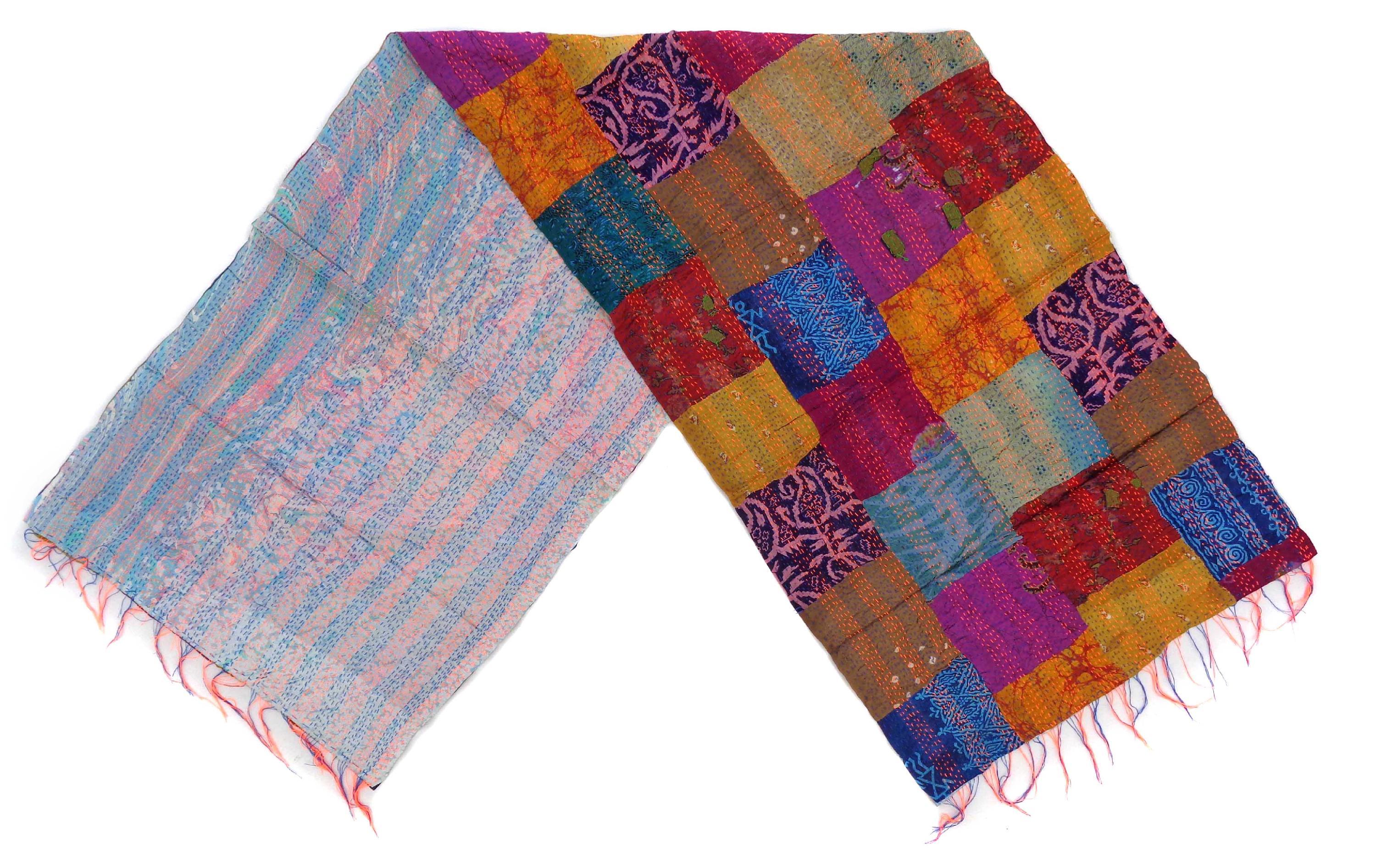 Handmade patchwork Silk Kantha Scarf Head Wrap Stole Dupatta Hand Quilted Women Scarves Reversible KP89