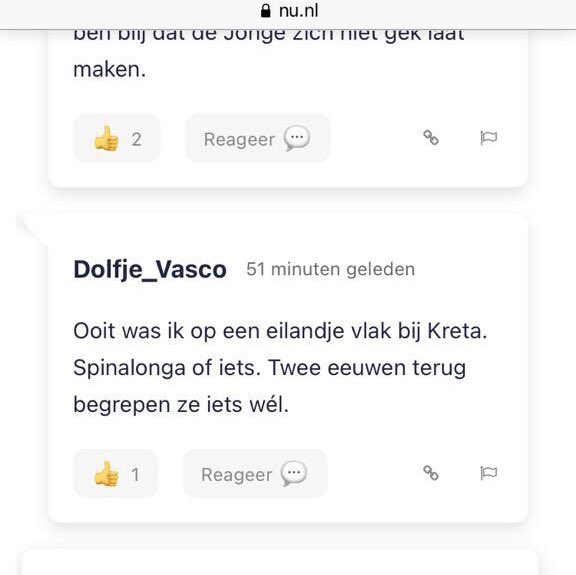 Blijkbaar heeft Dolfje tijdens de rondleiding op Spinalonga niet opgelet?
‘Zomaar’ een reactie onder de #coronacijfers op <a href="/NUnl/">NU.nl</a> van gisteren.
Lees het juiste verhaal: blogsdieraken.nl/2021/10/28/de-…
#Vaccinatiedwang #eiland #kendegeschiedenis #ditnooitmeer #eilandderverdoemden