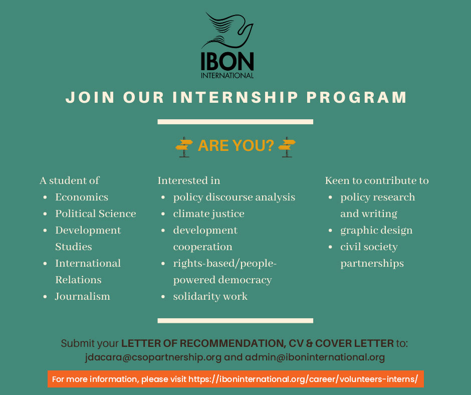 IbonInternatl's tweet photo. WE ARE LOOKING FOR INTERNS AND VOLUNTEERS! 🙋‍♀️🙋 Open to students from anywhere in the 🌍

For those interested, submit your letter of recommendation, curriculum vitae and cover letter to jdacara@csopartnership.org and admin@iboninternational.org https://t.co/doJkZkrzCc