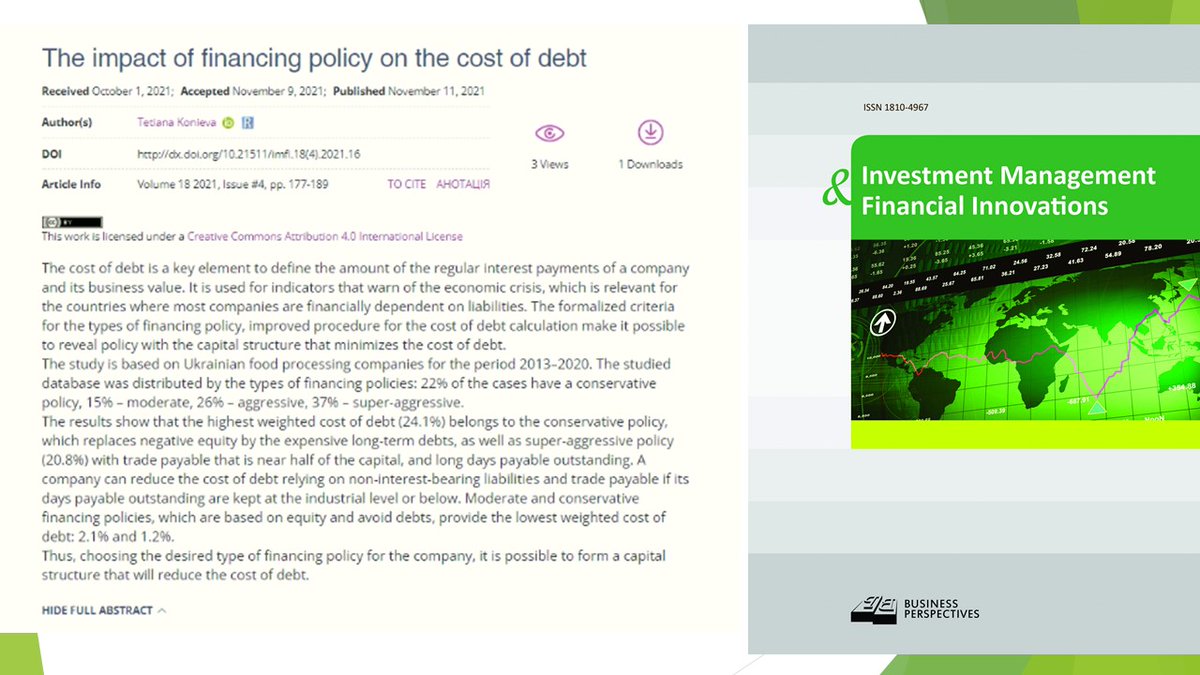 imfi_journal's tweet photo. 🖇️https://t.co/5EU8YI2AIA
☑️ The impact of #financing policy on the #cost of debt
👥 Tetiana Konieva
#aggressivepolicy, #conservative, #foodprocessingindustry, #interestbearingliability, #moderate, #tradepayable, #Ukraine, #weightedcostofdebt https://t.co/GAm9J2Rl5h