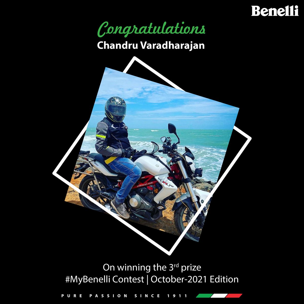 BenelliIndia's tweet photo. We were thrilled to announce our finalized top 3 winners of #MyBenelli contest. Join us to wish Mr Chandru Varadharajan @chandru_varadharajan on securing 3rd place in #MyBenelli October-2021 Edition.We wish you all the best for your endeavours ahead! #ThirdWinner #Benelli #India https://t.co/D5zLs3ulY7