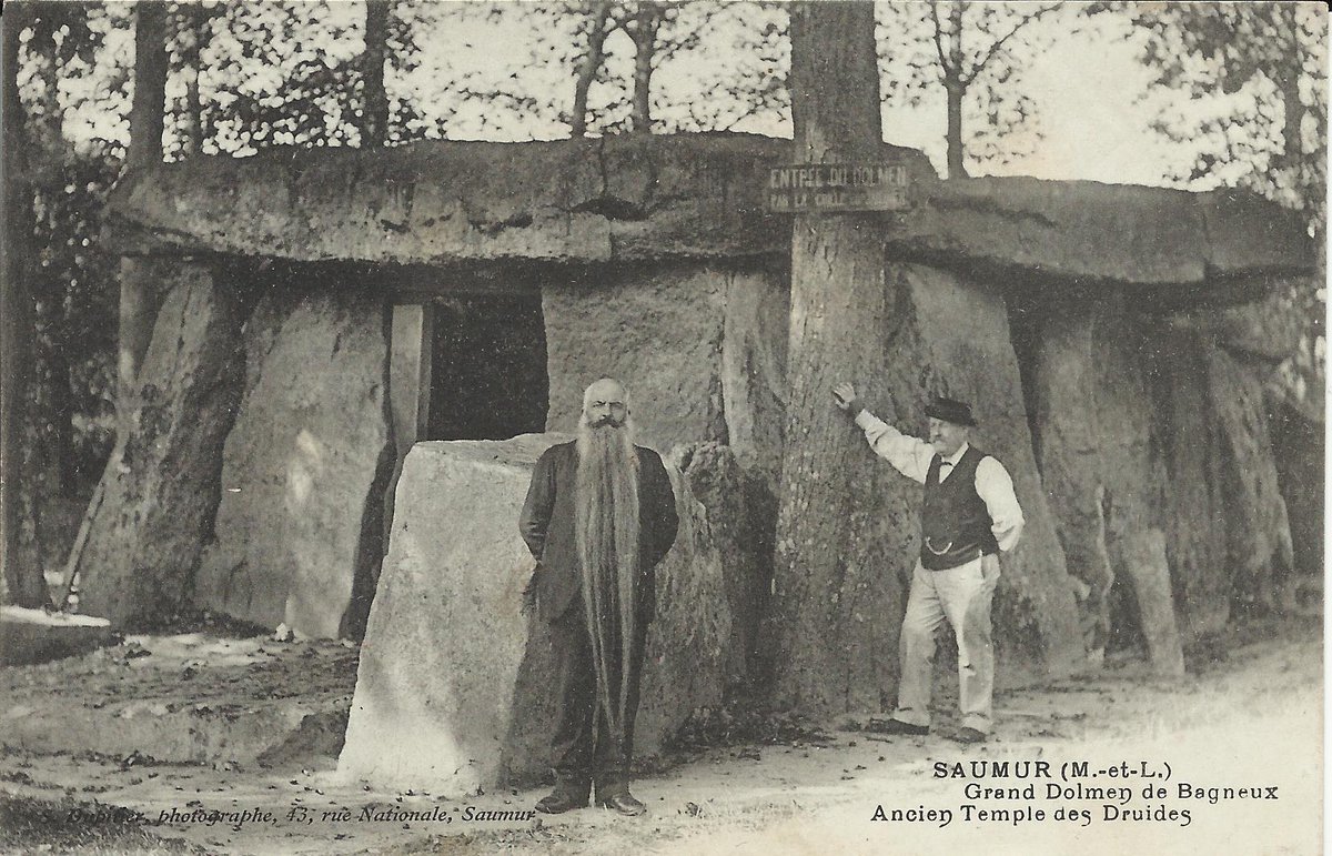 PhilWat09037421's tweet photo. In folklore bigger dolmens such as this giant at Bagneux in Saumur (Maine-et-Loire) were often held to be druid temples as in the caption on this card. It does not say however whether the impressively bearded man in front belonged to that fraternity. #FolkloreThursday https://t.co/tjPA7gVhps