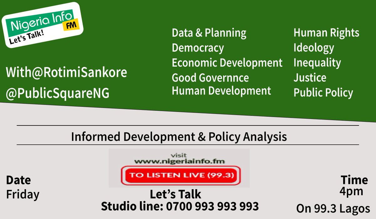 PublicSquareNG's tweet photo. Is #Nigeria's 2022 #Budget Sufficiently Improved & Adequate To Significantly Increase #Electricity⚡️Generation,Transmission,Distribution Capacity?
@PublicSquareNG/@NigeriainfoFM+@WSoyinkaCentre #REMOP Fri.4pm/99.3 Lagos
W/@RotimiSankore,@AghoghoOboh
+@BudgITng & Special Guests https://t.co/LJW0a5ylMc