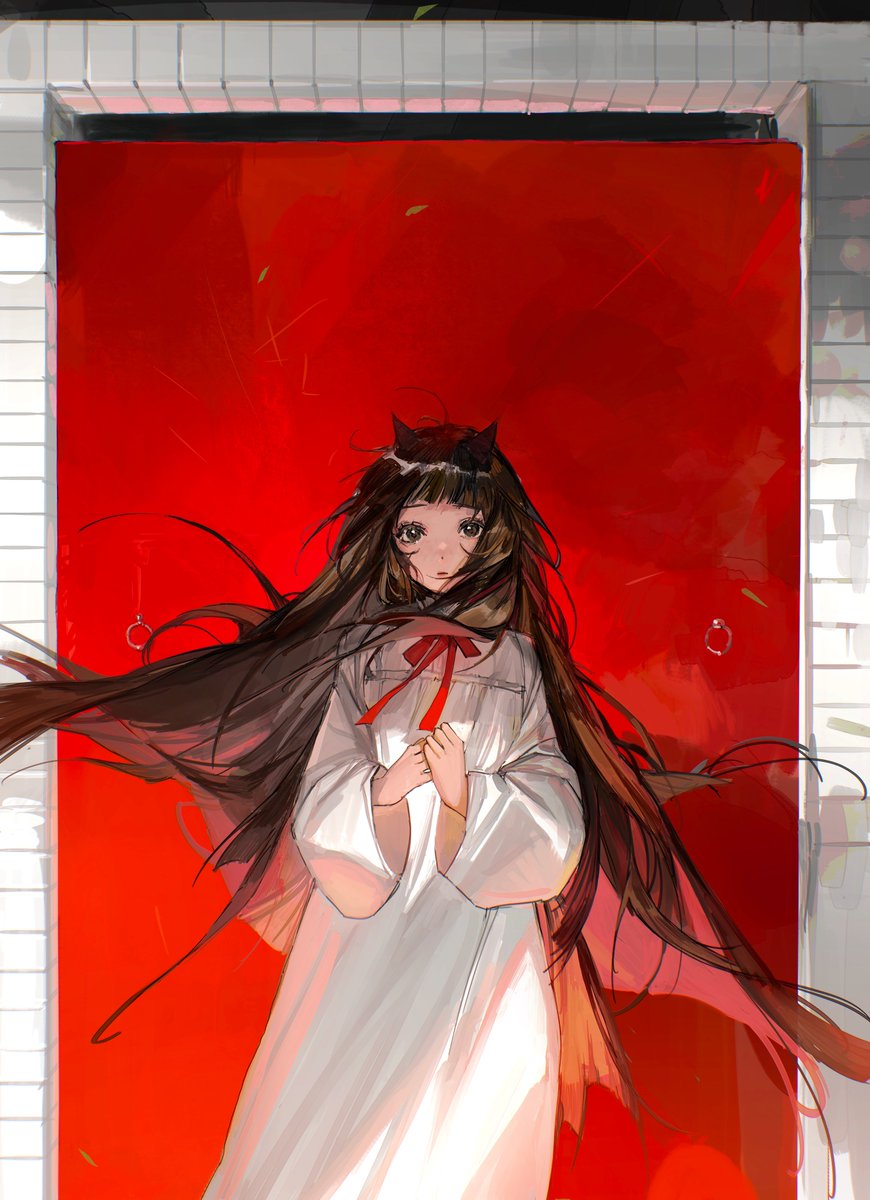 1girl long hair solo very long hair dress brown hair white dress  illustration images