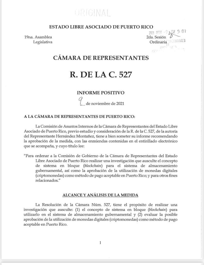 Hablemos de Criptomonedas y Blockchain. 

Ayer aprobamos una resolución que radiqué para investigar y estudiar el sistema blockchain para almacenamiento de info gubernamental y el uso de las criptomonedas como método de pago aceptable en Puerto Rico. #RC527