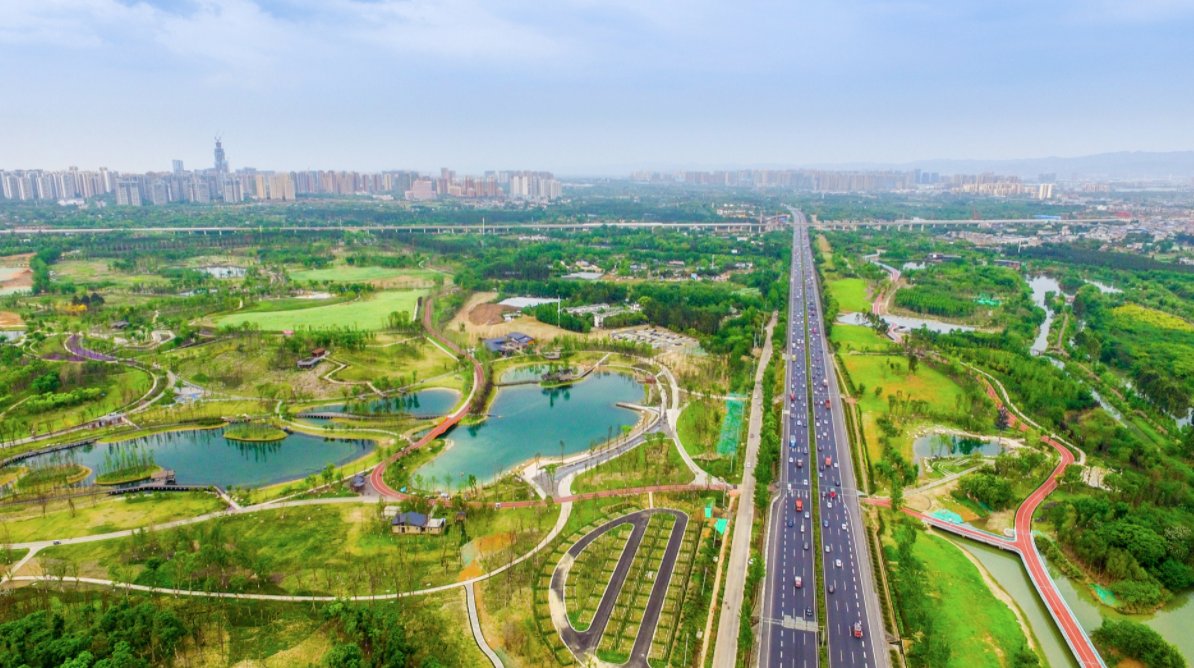 A cityscape in the background with park land in the foreground. 