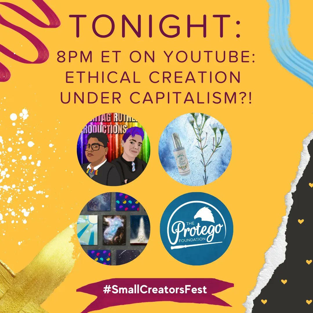 FandomForward's tweet photo. TONIGHT at 8pm ET, #SmallCreatorsFest presents "Ethical Creation Under Capitalism?!" Join @EldenFragrances, @ProtegoFDN, @thegaylyprophet, & Fandemonium Design as we talk about fandom, justice, capitalism, problematic creators, and feeding the algorithm! https://t.co/g47vdjgCv5 https://t.co/KA13qfXxDC